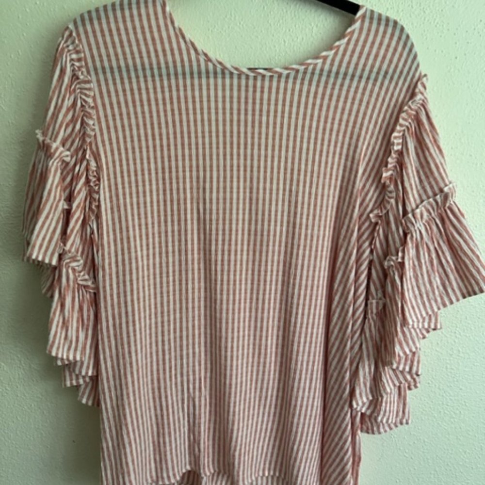 CATO Red & White Stripe Flutter-Ruffle-Sleeve Top with Tie-Back